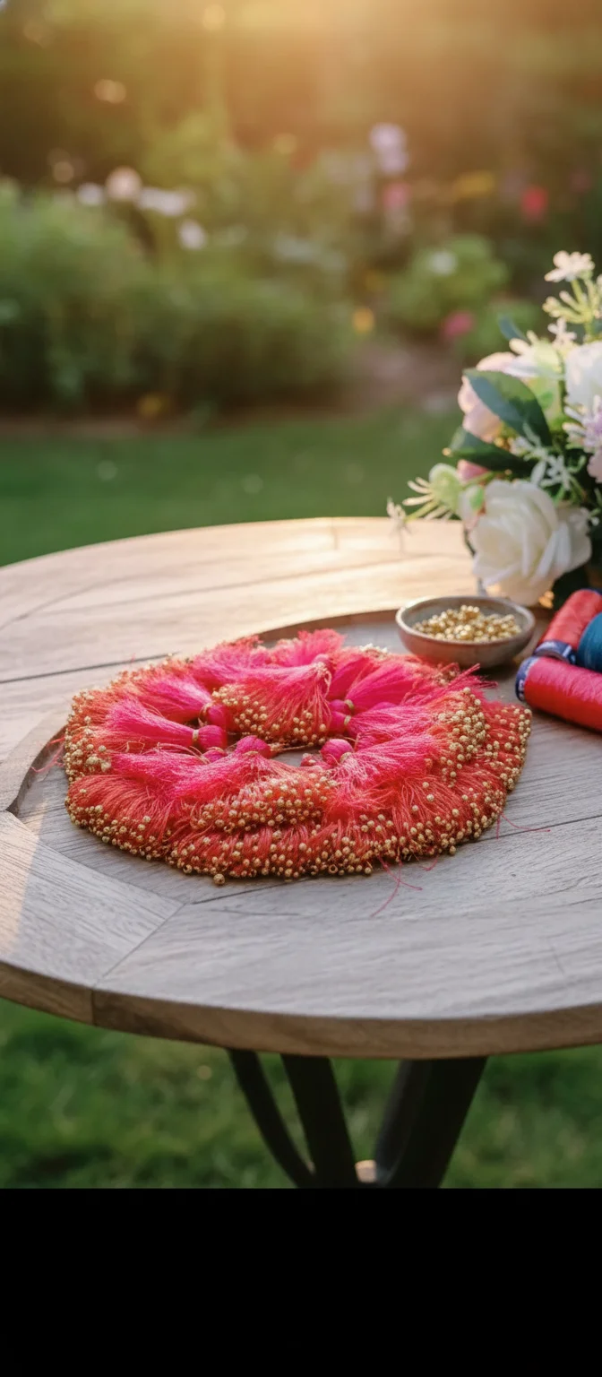 Pink Orange Silk Thread Saree Tassels with Gold Beads thumbnail 3