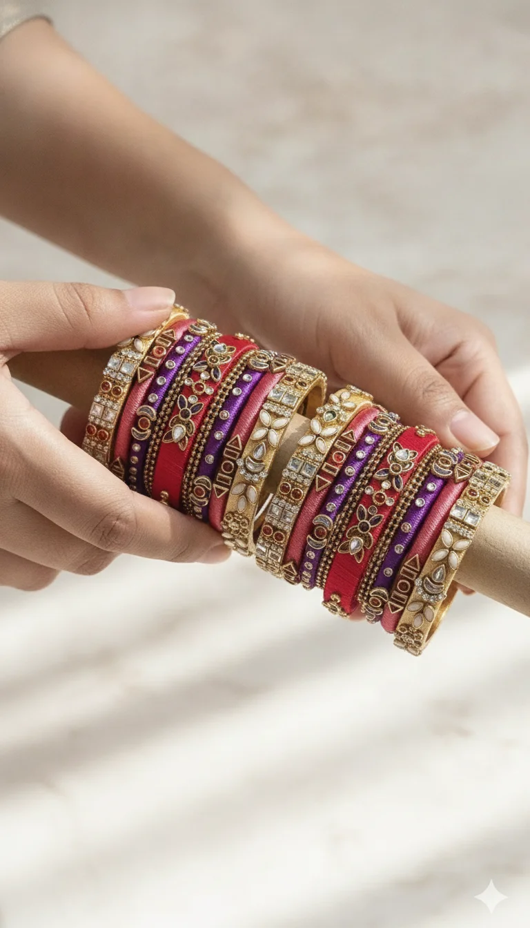 Red and Purple Silk Thread and Kundan Bangle Set thumbnail 2