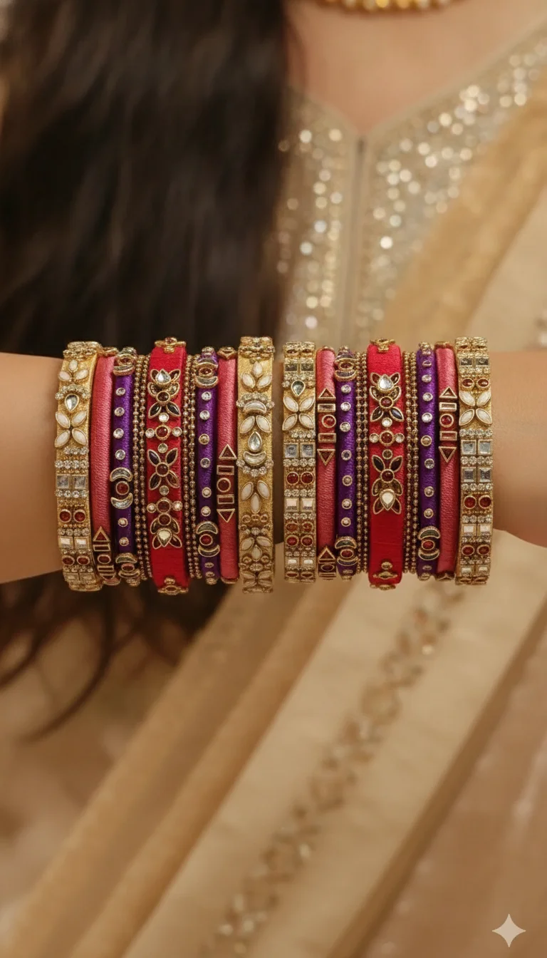 Red and Purple Silk Thread and Kundan Bangle Set thumbnail 1