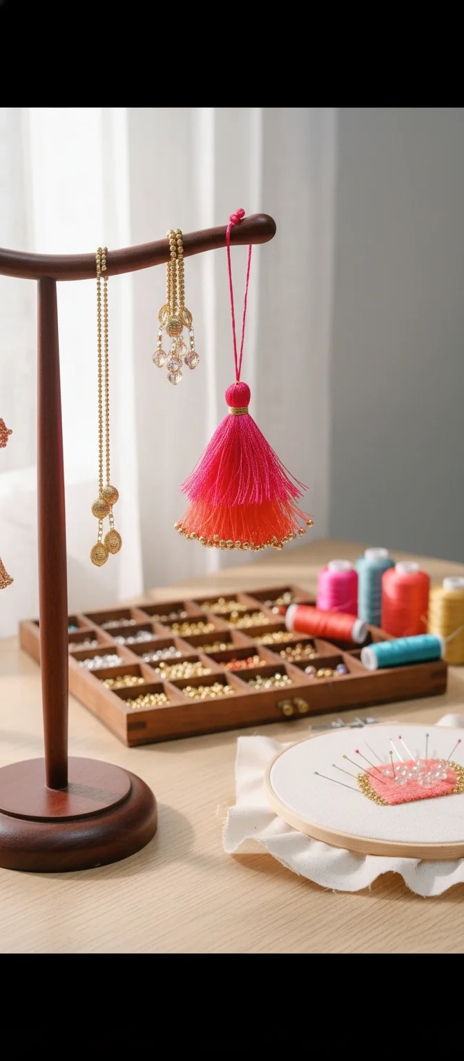 Pink Orange Silk Thread Saree Tassels with Gold Beads thumbnail 1