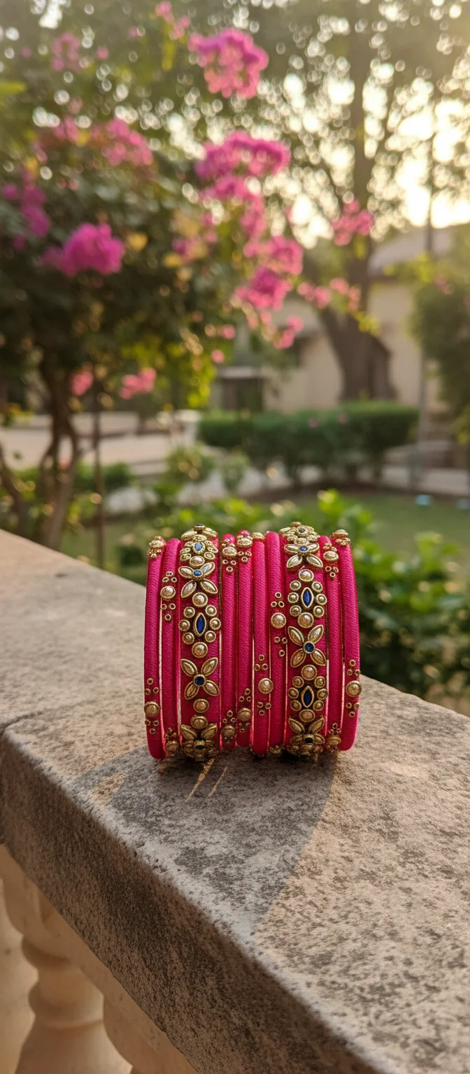 Pink Silk Thread Bangles with Kundan and Stone Work thumbnail 1