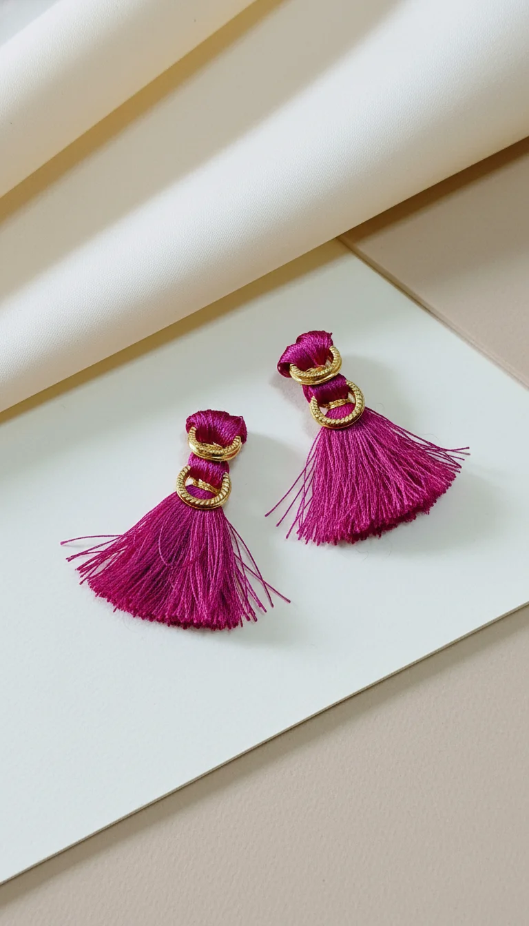 Fuchsia Silk Thread Tassel Earrings with Gold Rings thumbnail 1