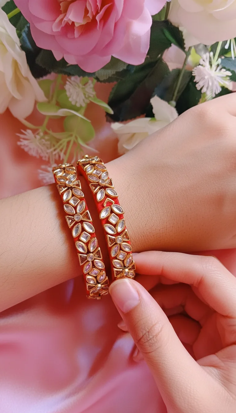 Red Kundan Stone Thread Bangles thumbnail 3