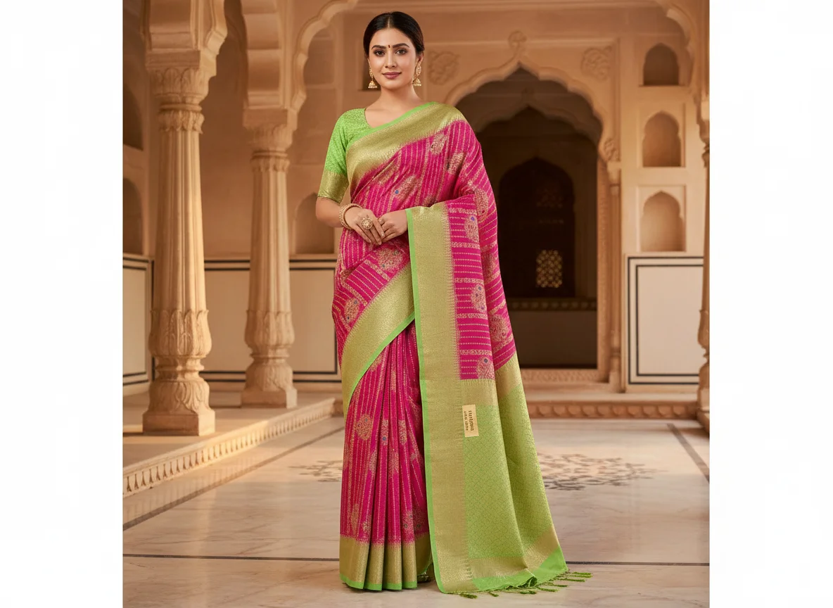 Pink and Green Tanvi Pattu Saree with Zari Weaving 1