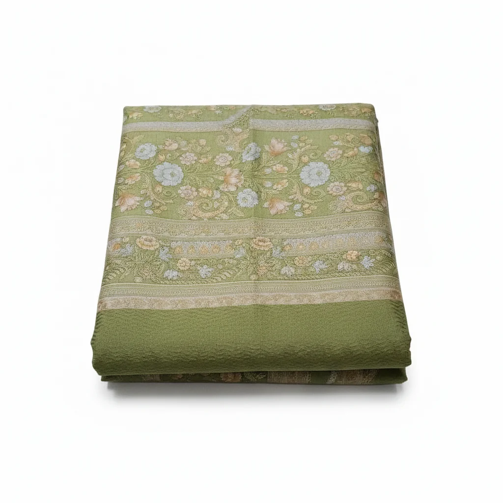 మెహందీ Colour Saree. All Over Flowral Print With Thread Boarder.. Pure Silk 100 Count Saree 4