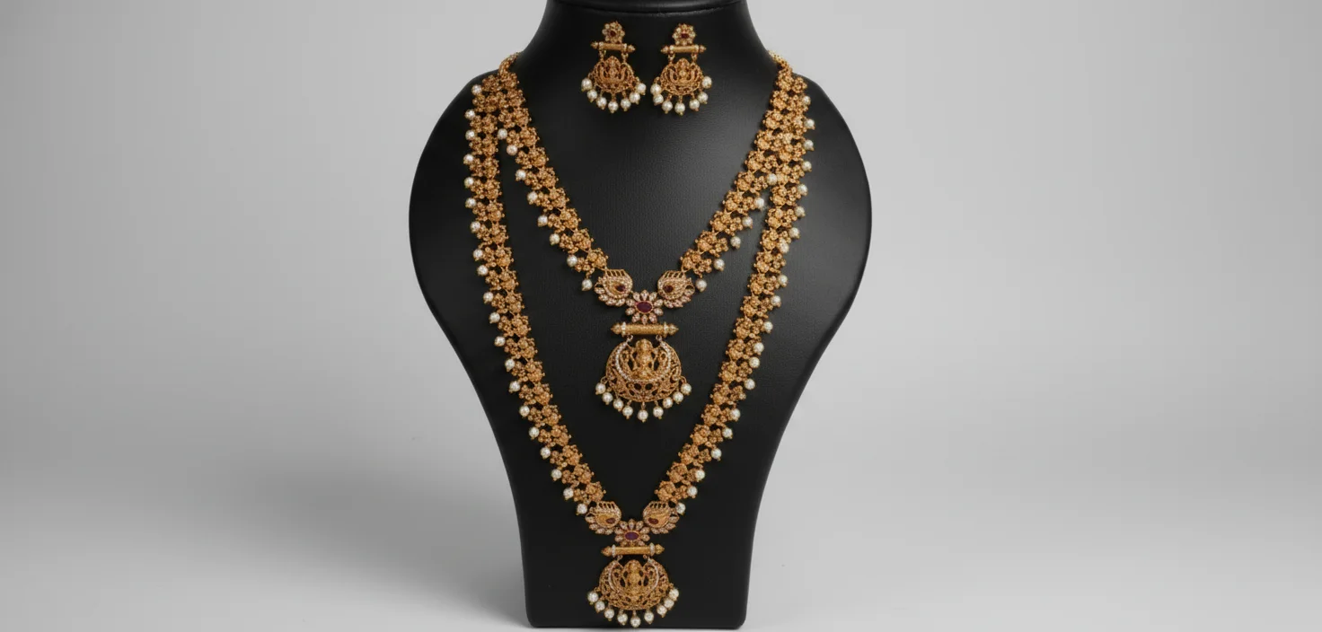 Gold Toned Traditional Necklace Set with Red Stones and Pearls