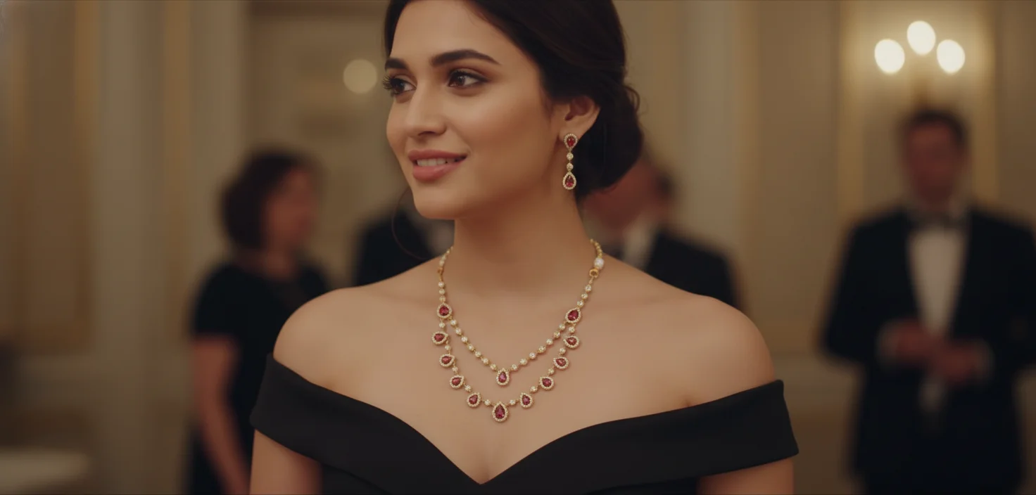 Gold Toned Double Layer Necklace Set with Red Teardrop Stones