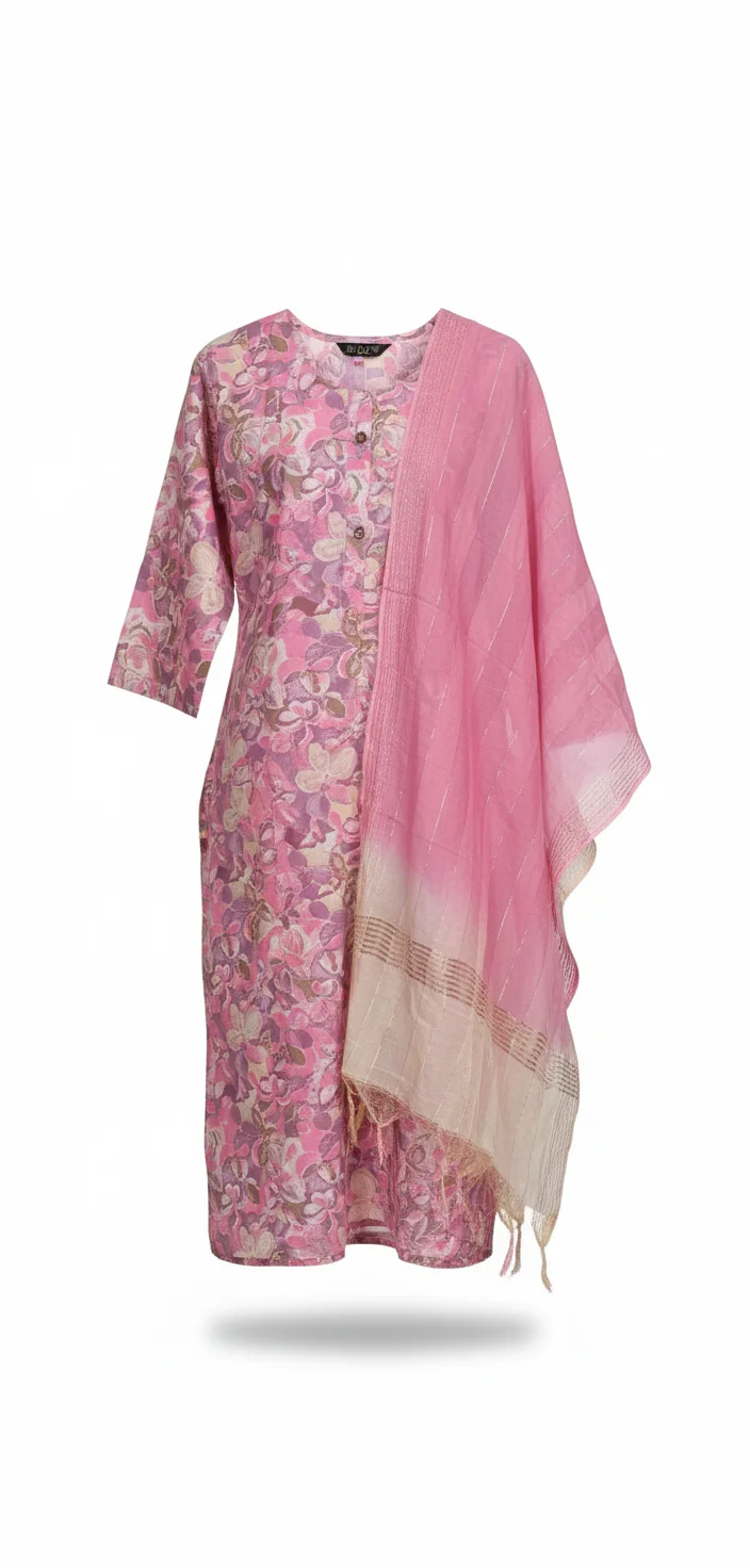 Pink Floral Printed Kurta with Striped Dupatta