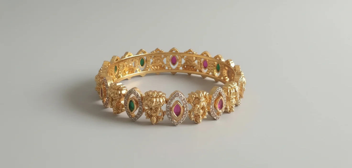 2'4 size Gold Toned Temple Design Bangles with Ruby and Emerald Stones
