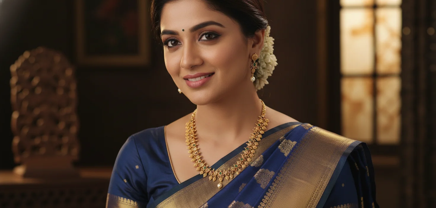 Gold Toned Traditional Leaf Design Necklace Set with Stones and Pearl Drops