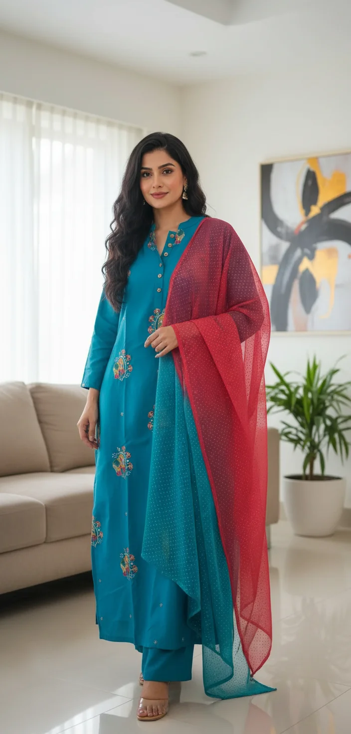 Blue Embroidered Kurta Set with Ombre Dupatta 1