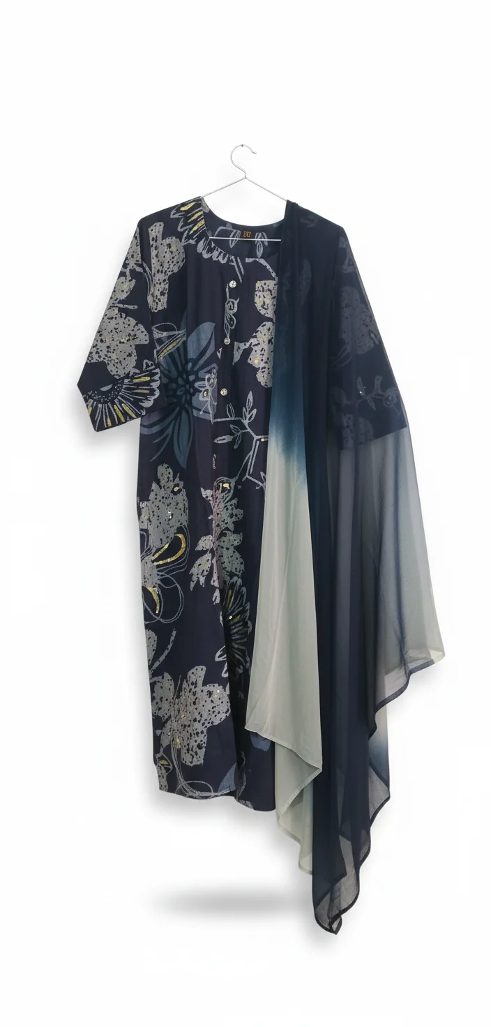 Dark Blue Floral Printed Kurta with Dual Tone Dupatta