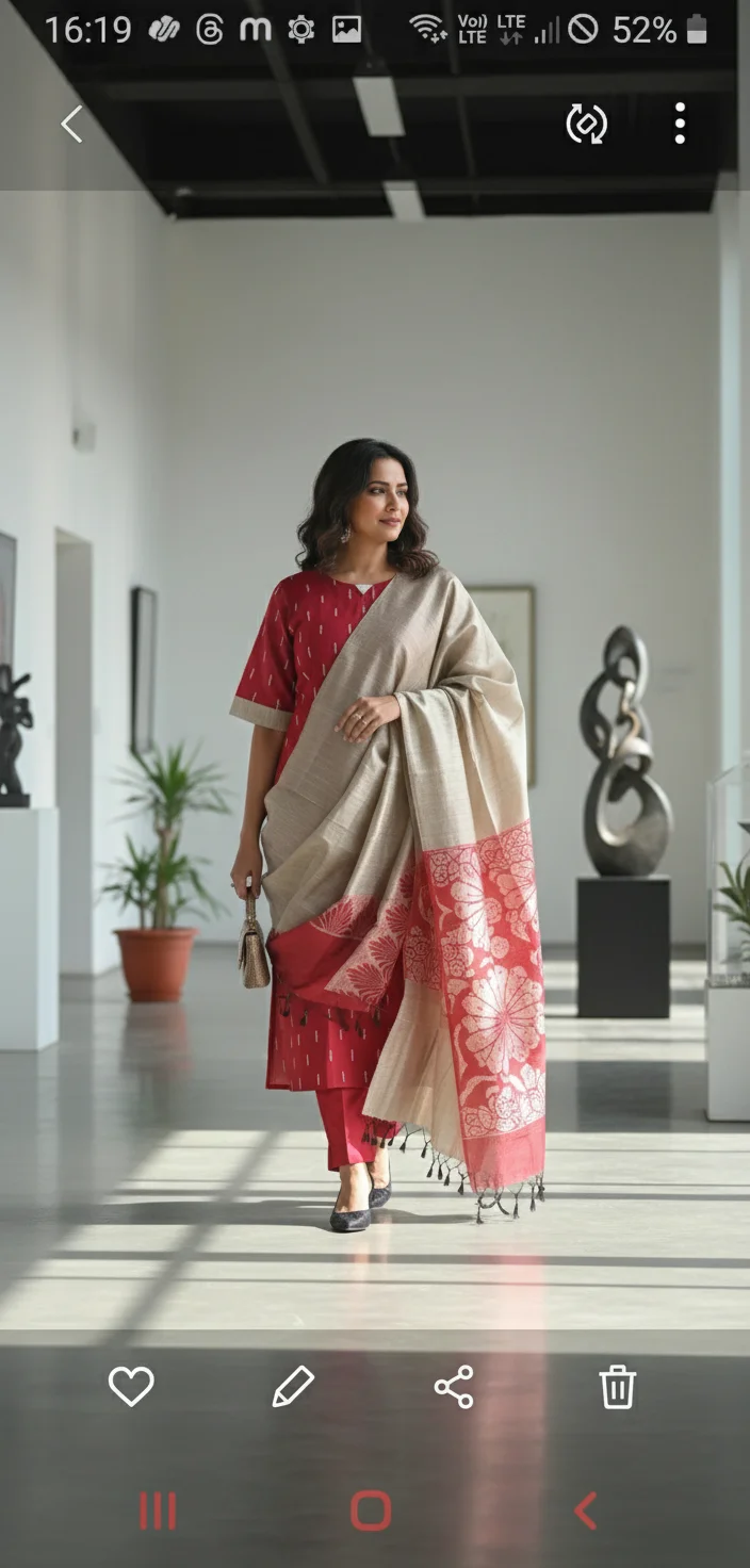 Red Ikat Print Raw silk Kurta Set with Beige Dupatta 1