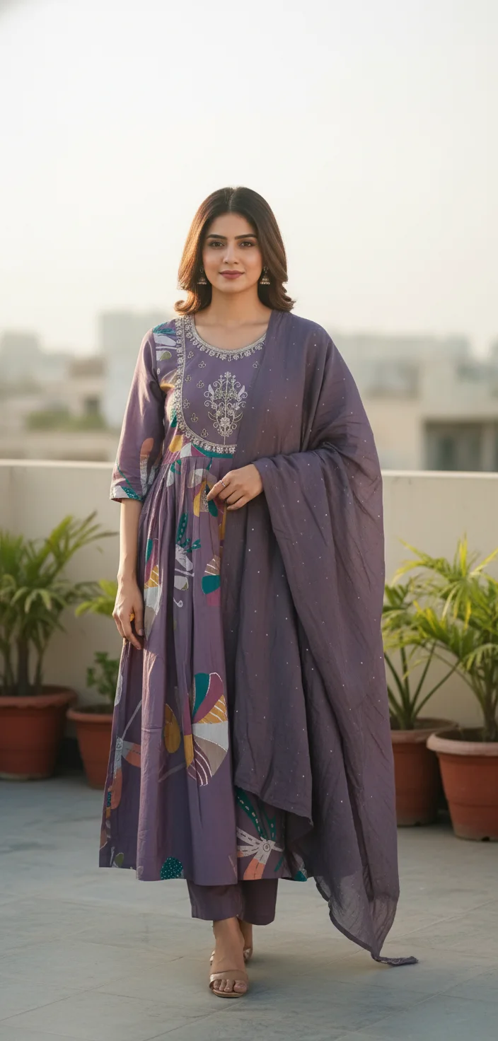 Purple Printed Kurta with Embroidered Neckline and Sequin Dupatta