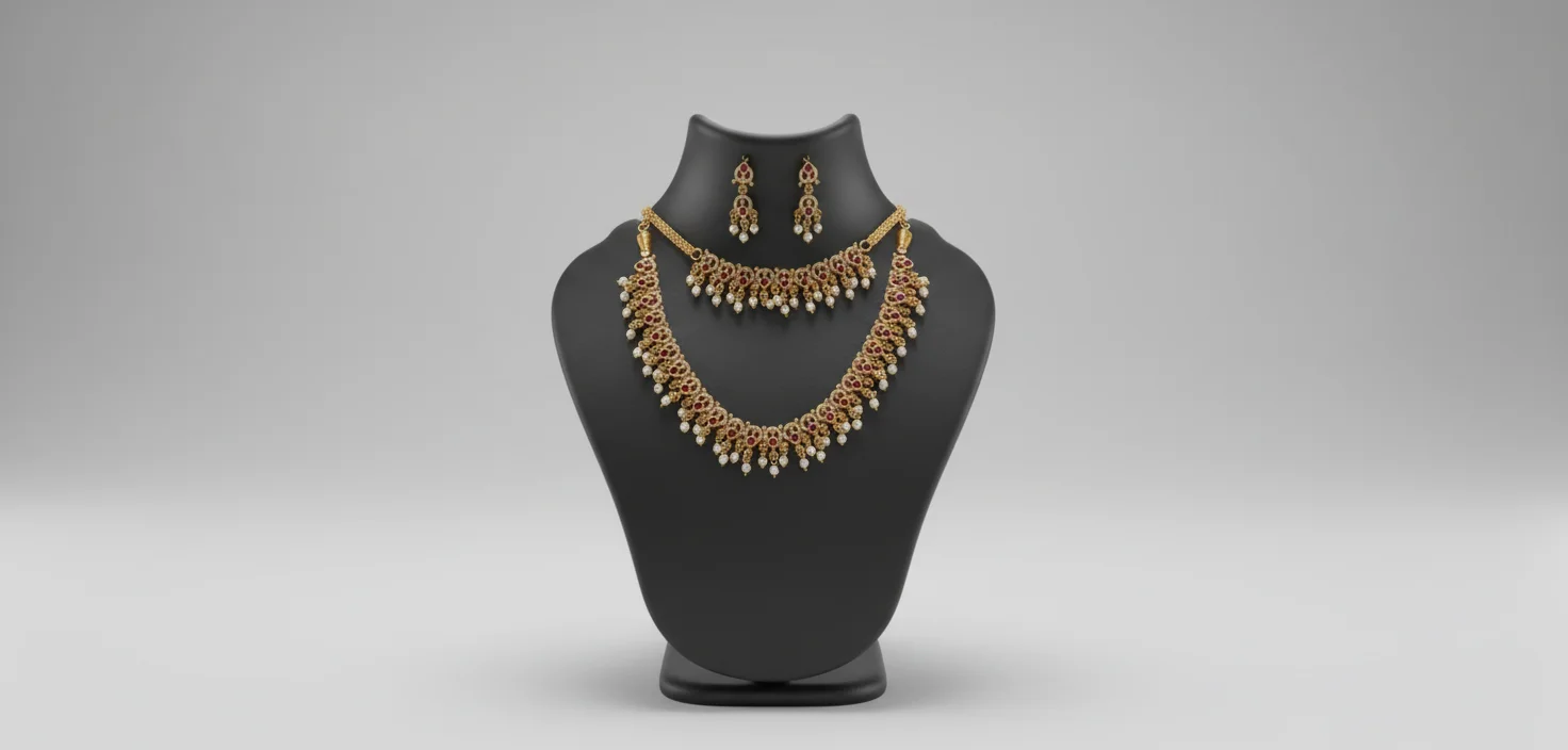 Gold Toned Traditional Necklace Set with Red Stones and Pearls