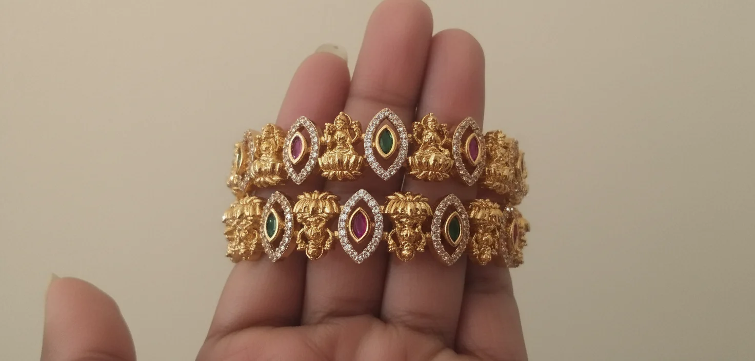 2'4 size Gold Toned Temple Design Bangles with Ruby and Emerald Stones 2