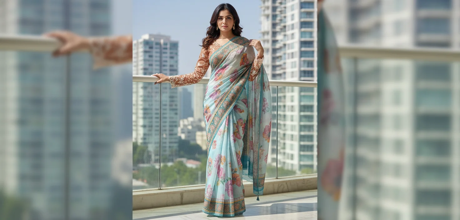 Barbie Light Blue Floral  organza Fancy Saree with Embroidered Blouse 1