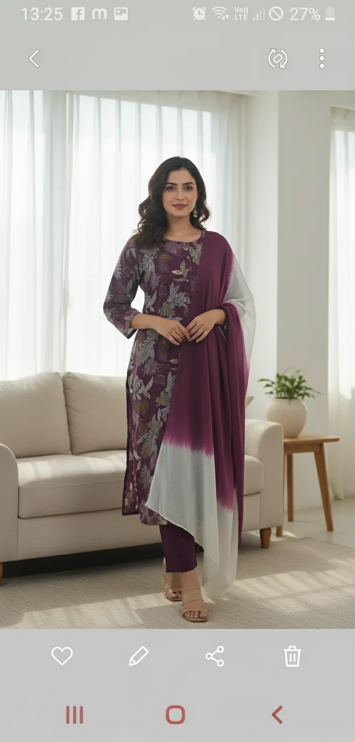 Purple Floral Printed Kurta with Dual Tone Dupatta