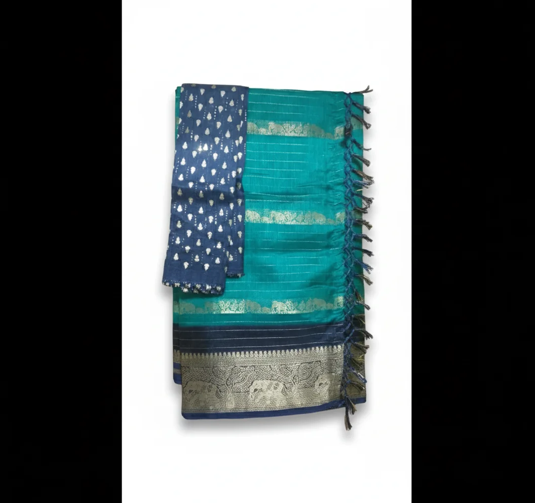 Teal Silk Blend Saree with Elephant Zari Border and Blue Blouse