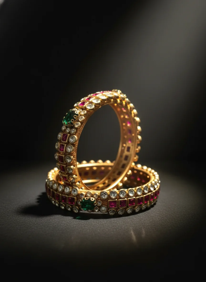 Traditional Gold Theard Silk Theard Bangleswith Ruby and Emerald Stones thumbnail 2