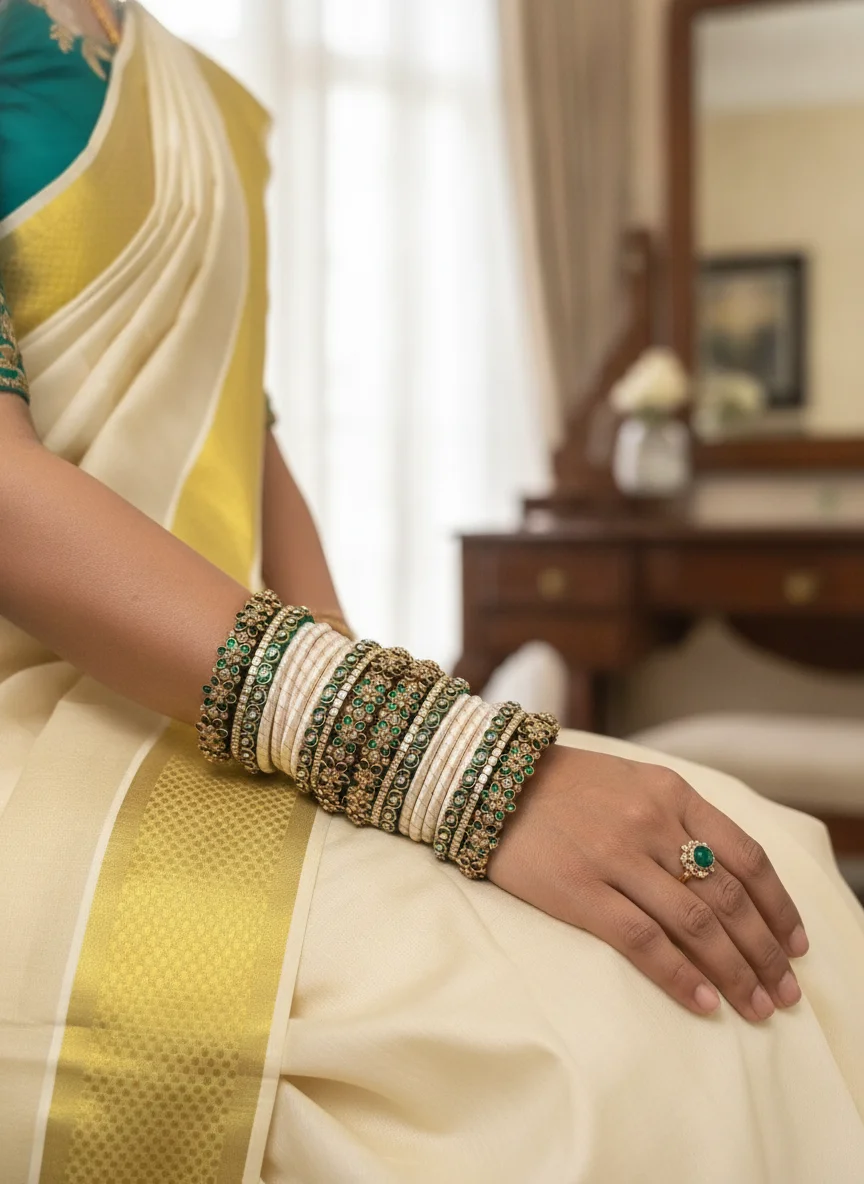 Traditional Green Stone and White Silk Thread Bangle Set 3