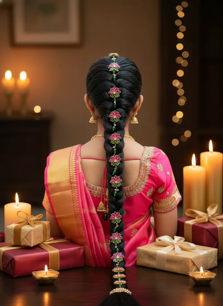 Traditional Pink Green Lotus Jada Billa Hair Accessory thumbnail 6