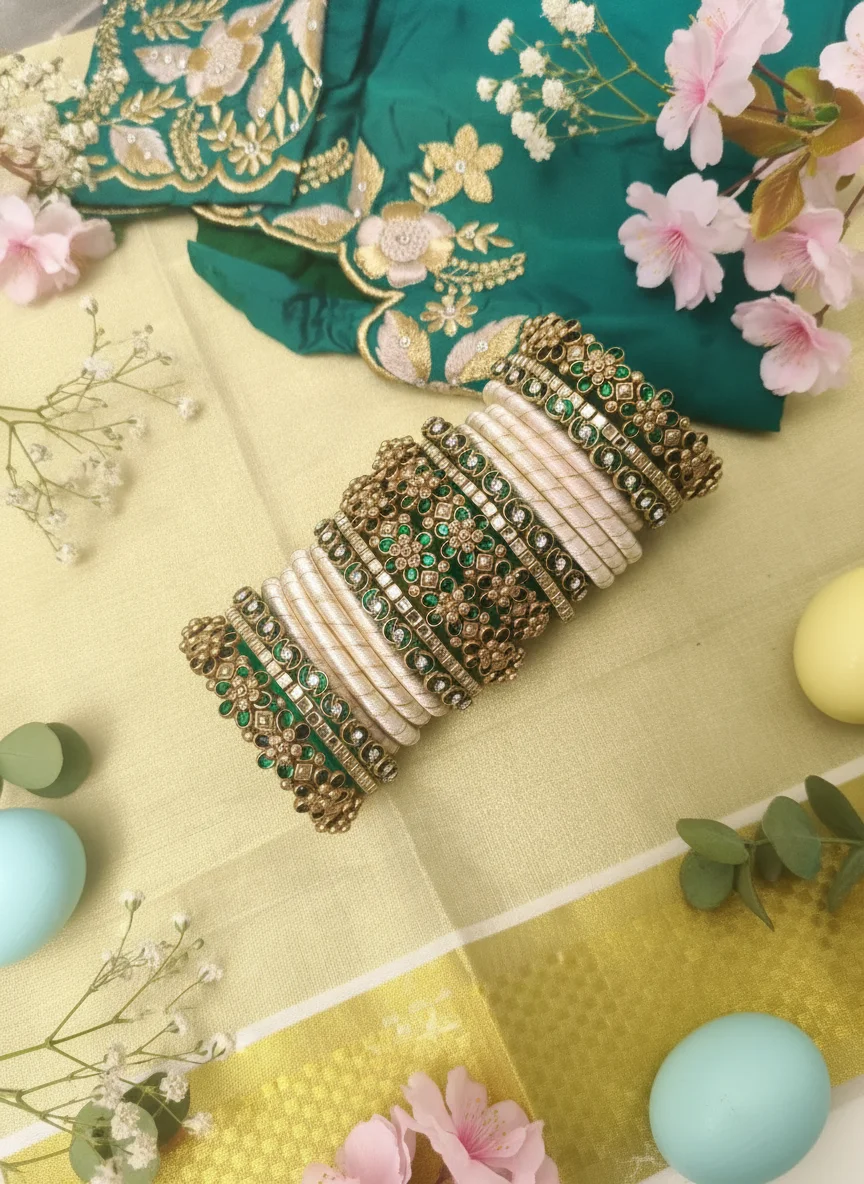 Traditional Green Stone and White Silk Thread Bangle Set 4