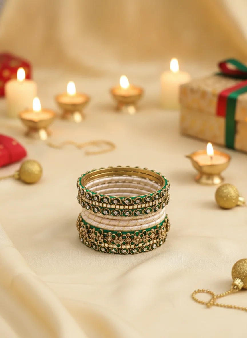 Traditional Green Stone and White Silk Thread Bangle Set 2