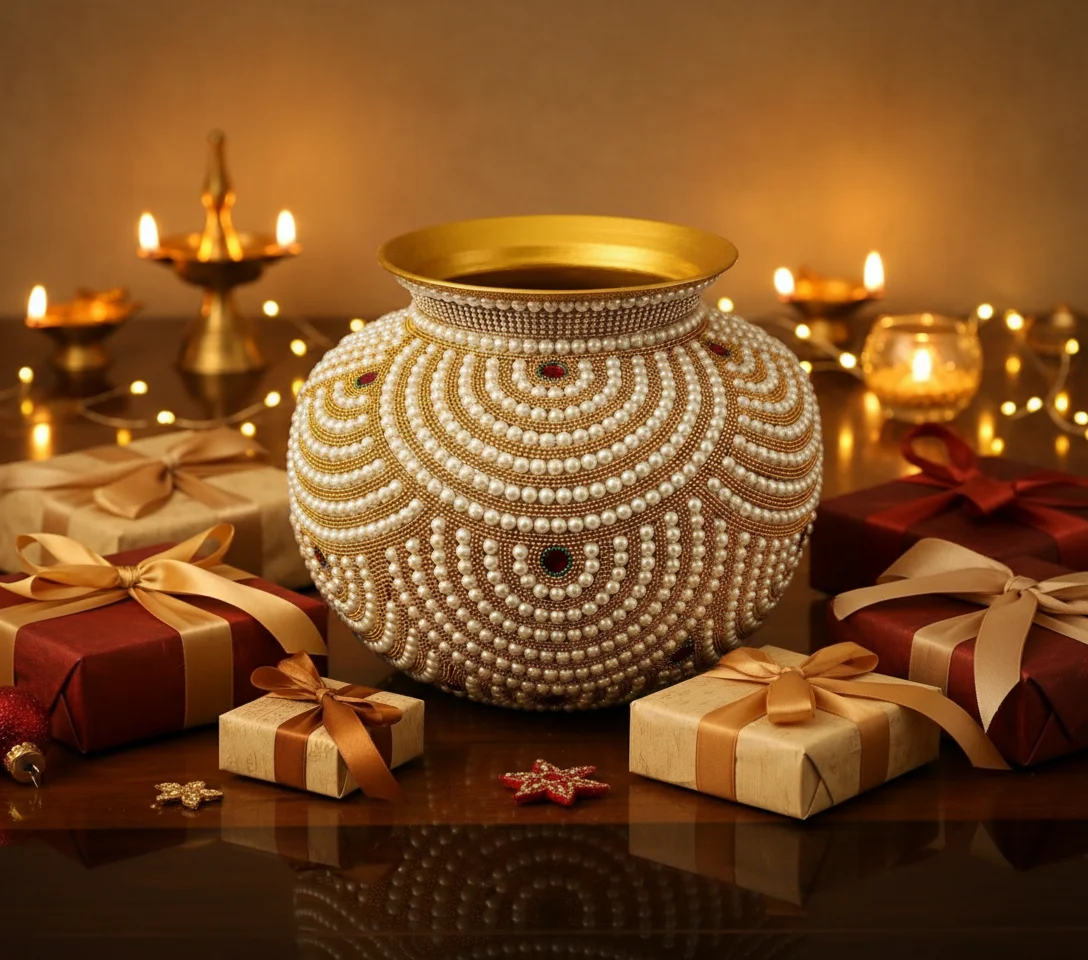 Pearl and Gold Beaded Decorative Pot 2