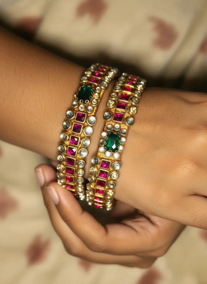 Traditional Gold Theard Silk Theard Bangleswith Ruby and Emerald Stones thumbnail 3