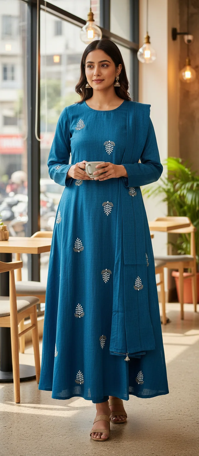 Mustard Embroidered Leaf Motif Slub Cotton Kurta thumbnail 9