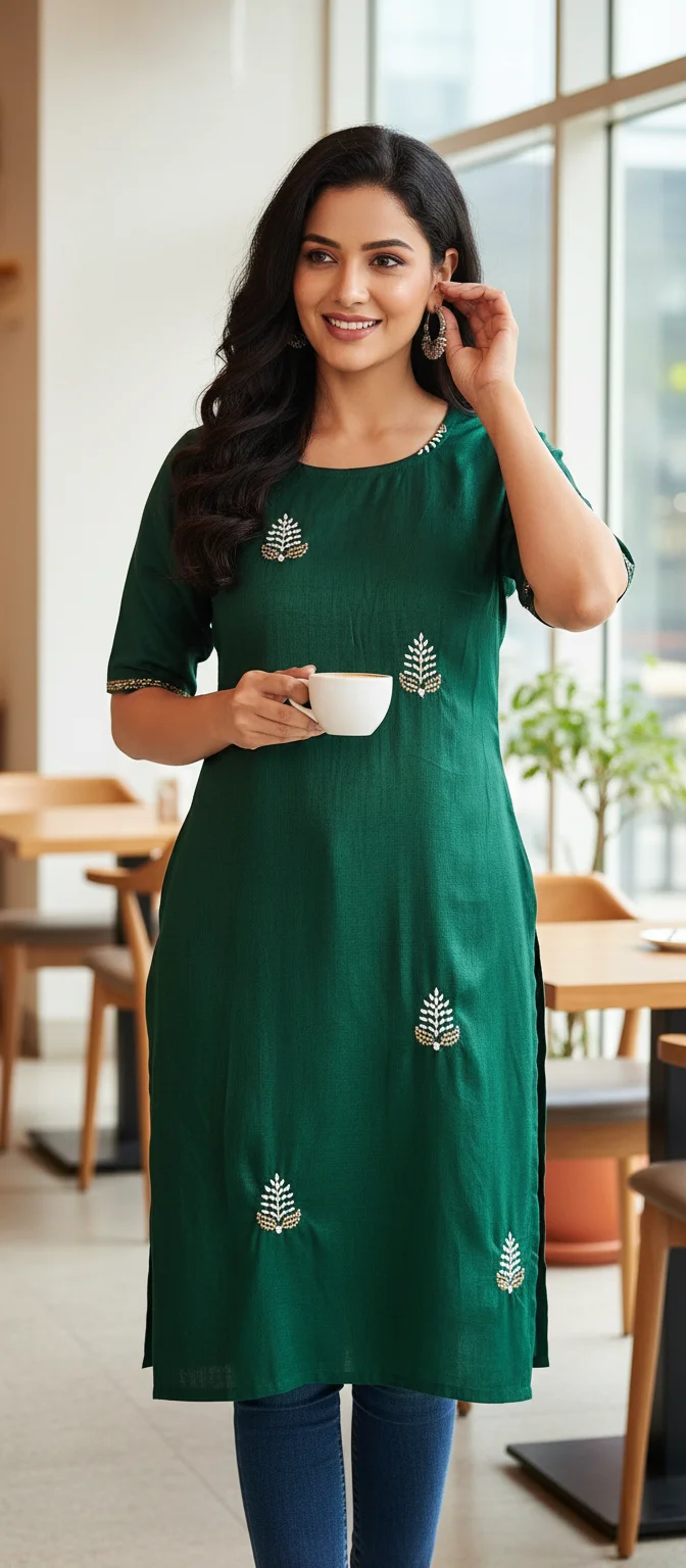 Mustard Embroidered Leaf Motif Slub Cotton Kurta thumbnail 5