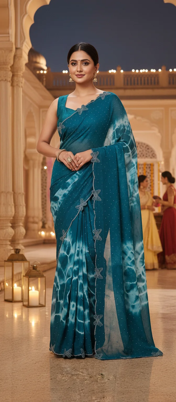 Butterfly Brand Teal Tie Dye Saree with Swarovski Stone Stone Work thumbnail 1