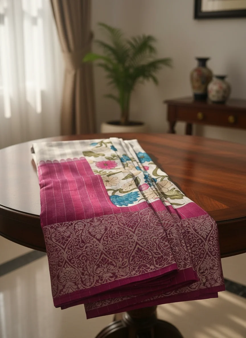 Striped Floral Printed Saree with Zari Border And Zali Stripes thumbnail 4