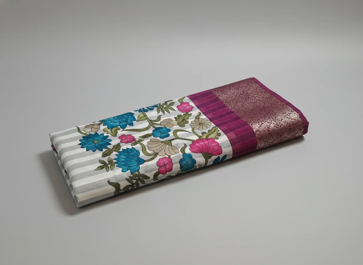 Striped Floral Printed Saree with Zari Border And Zali Stripes thumbnail 1
