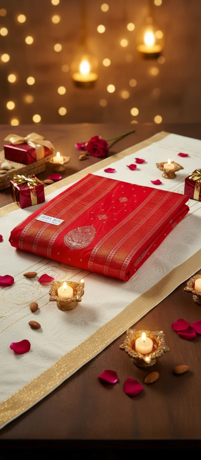 Golden Dear Red Saree with Zari Floral Motifs and Blouse Piece thumbnail 1