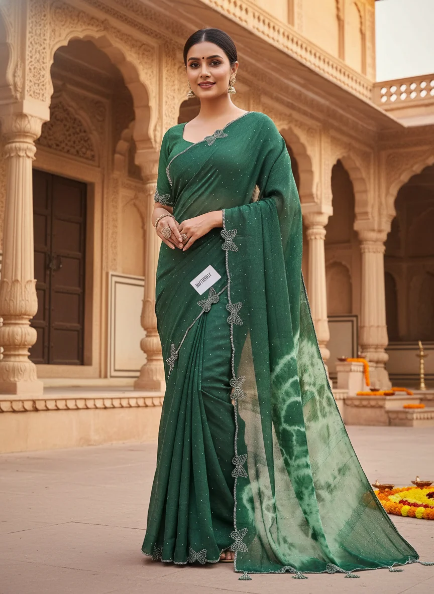 Dark Green Butterfly Motif Saree with Swarovski Stone Work 1