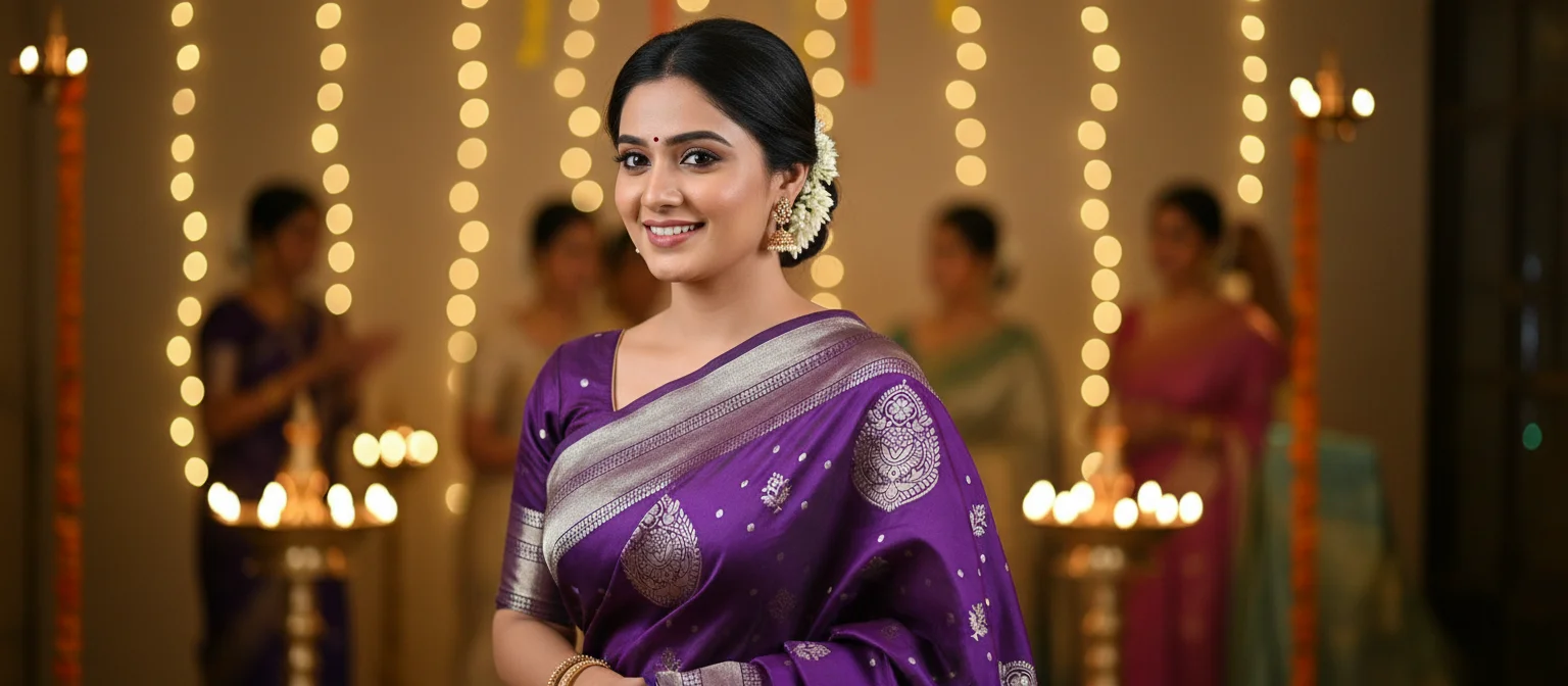 Golden Dear Purple Saree with Zari Motifs and Blouse Piece 1
