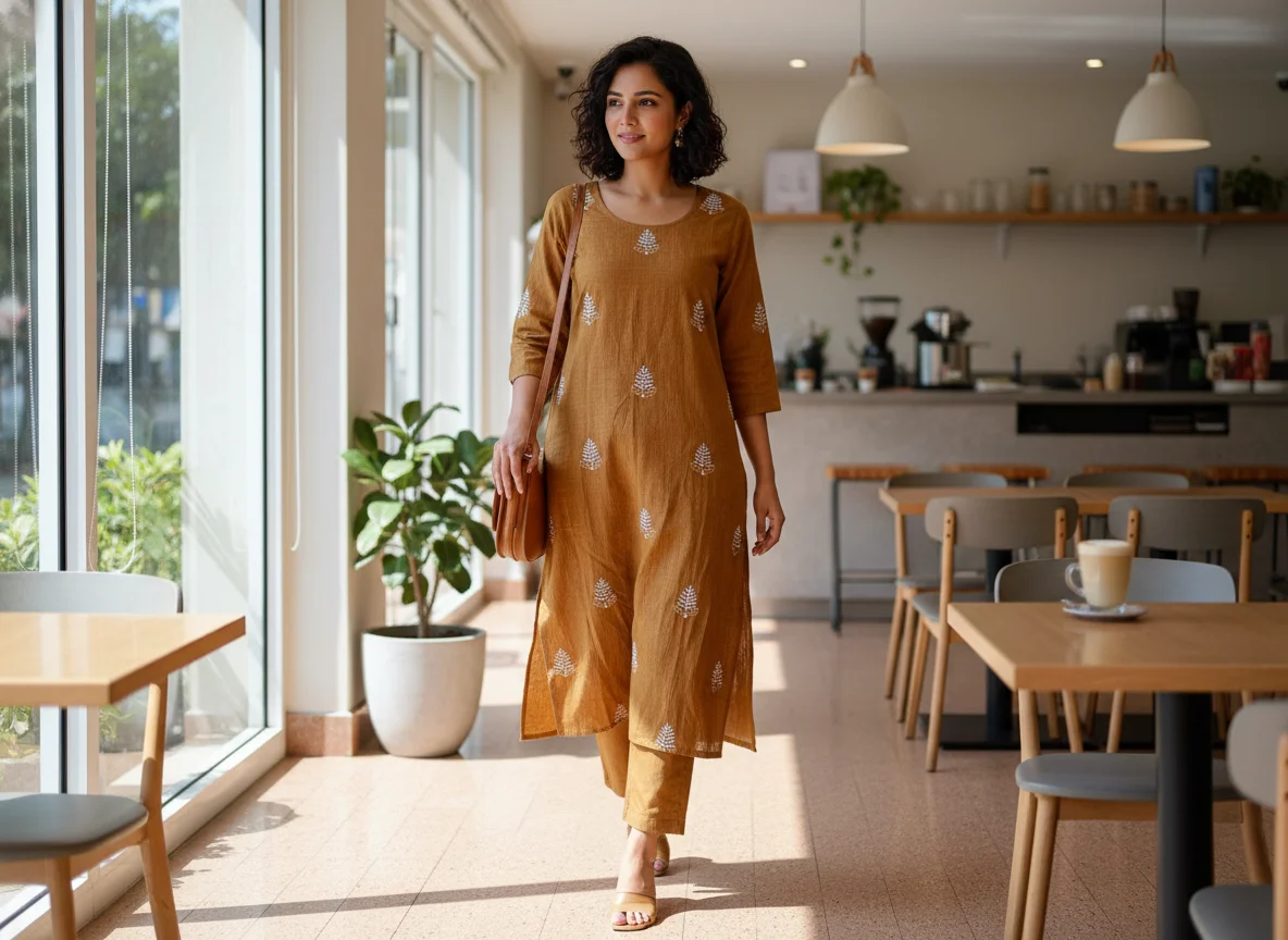 Mustard Embroidered Leaf Motif Slub Cotton Kurta thumbnail 1