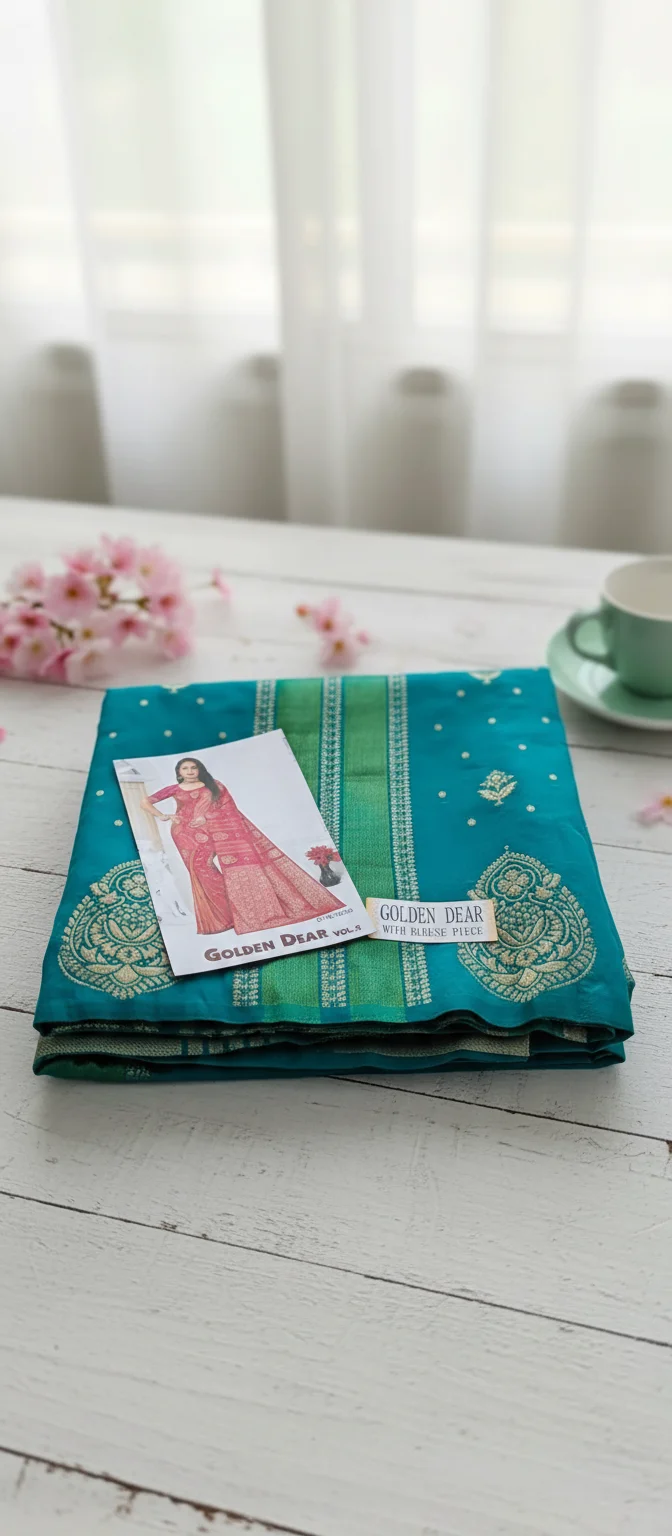 Golden Dear Teal Blue Saree with Zari Motifs and Blouse Piece thumbnail 1
