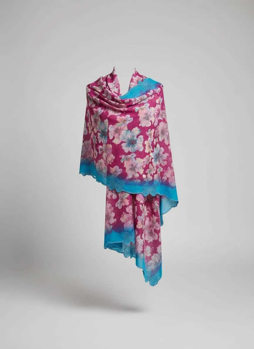 Apple Brand Magenta Floral Printed Saree with Embellished Teal Border thumbnail 1