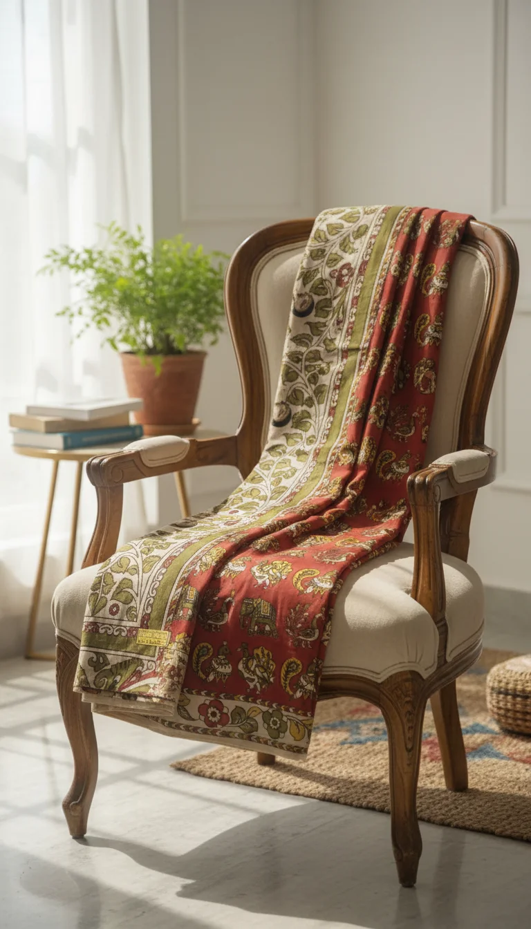 Red Kalamkari Cotton Saree with Elephant and Peacock Motifs 2
