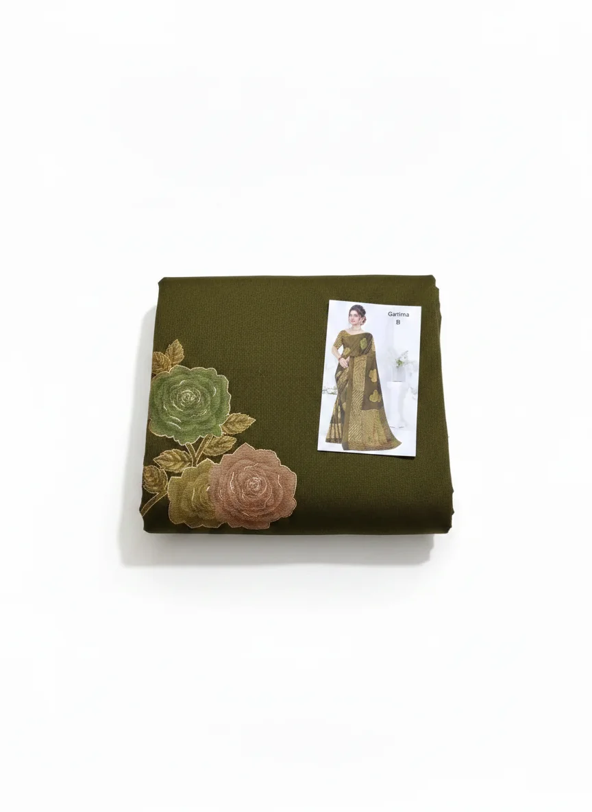 Garima B Olive Green Saree with Floral and Geometric Patterns thumbnail 2