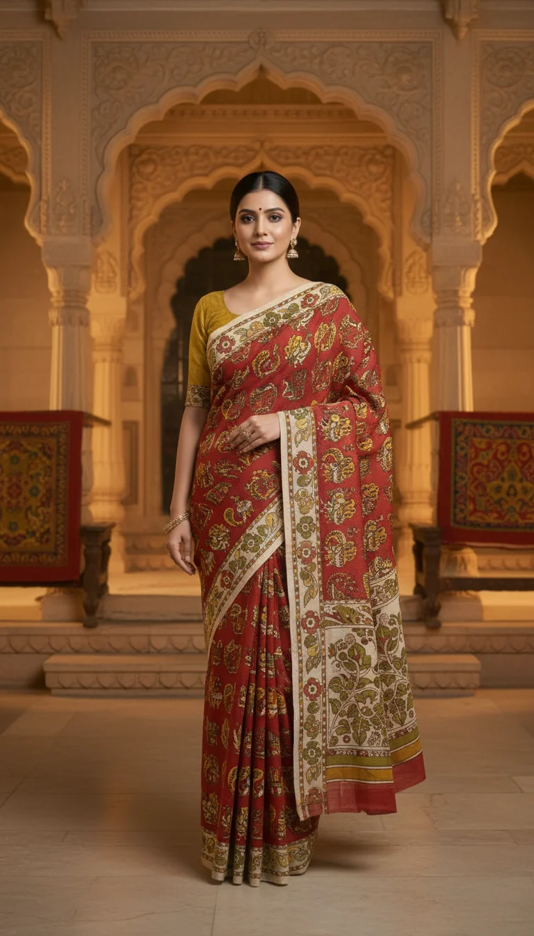 Red Kalamkari Cotton Saree with Elephant and Peacock Motifs 3