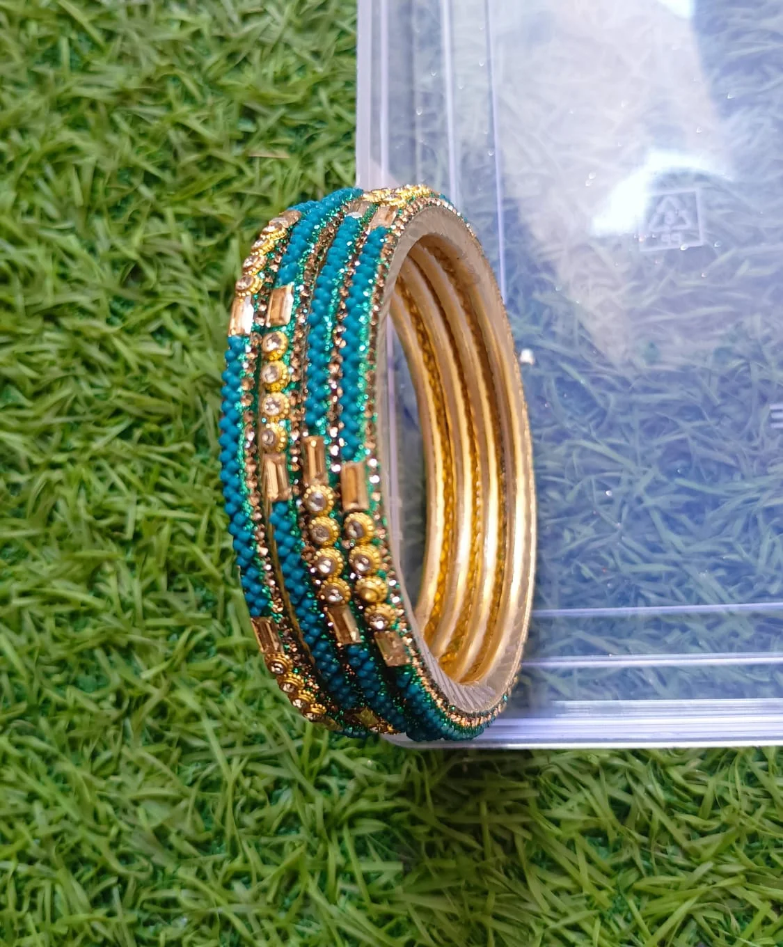 “Latest Hyderabad Charminar Rama Green & Gold Stone Bangles Set” 2