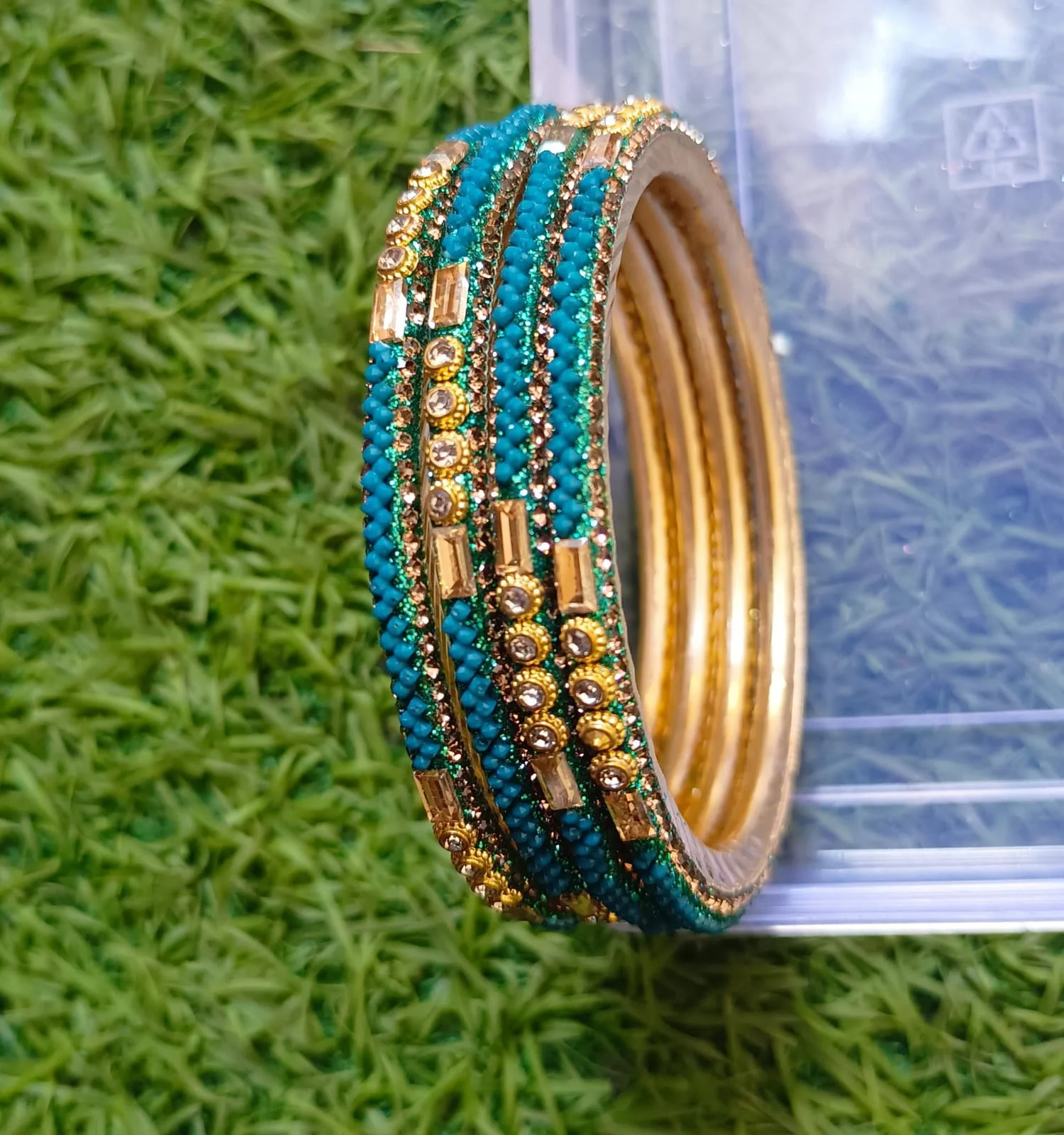“Latest Hyderabad Charminar Rama Green & Gold Stone Bangles Set” 3