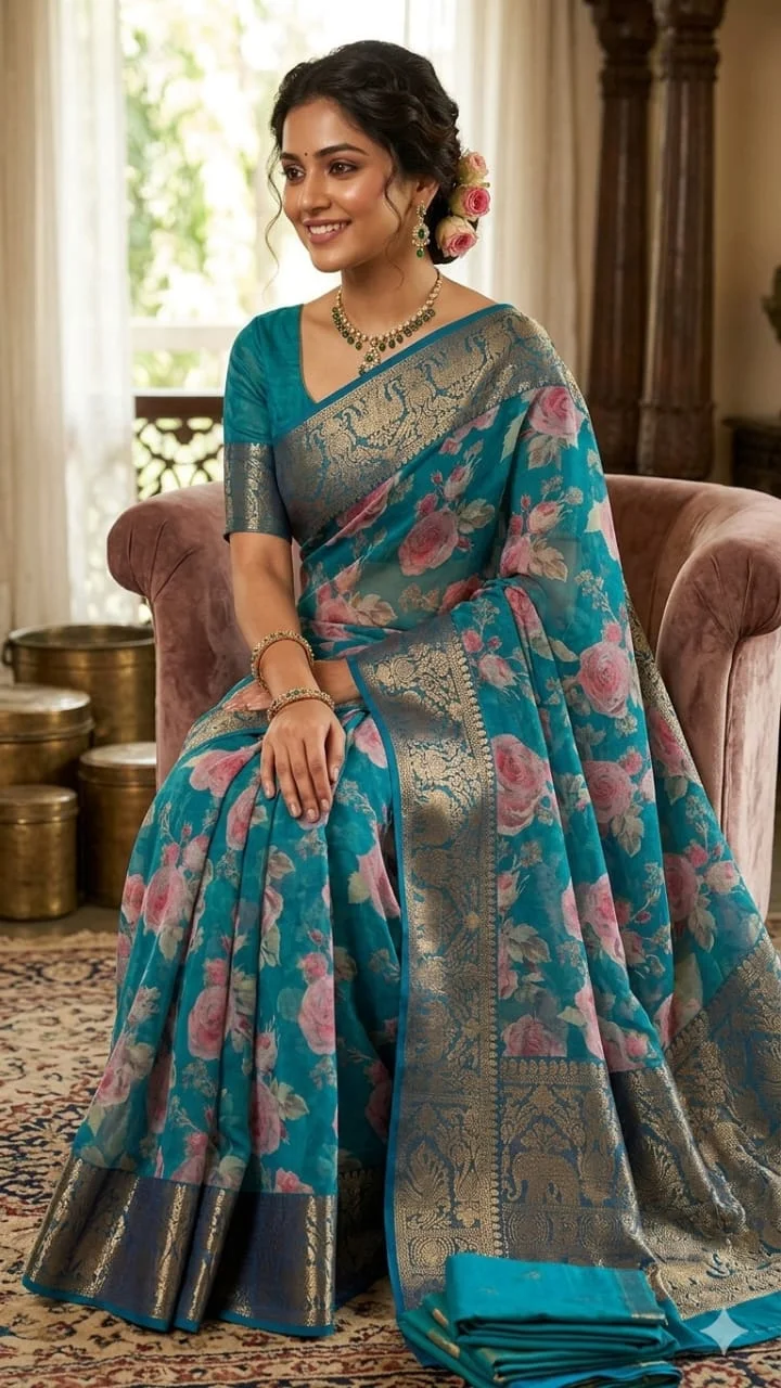 Premium quality chinon saree,
Which is very comfortable and light weight, easy to carry