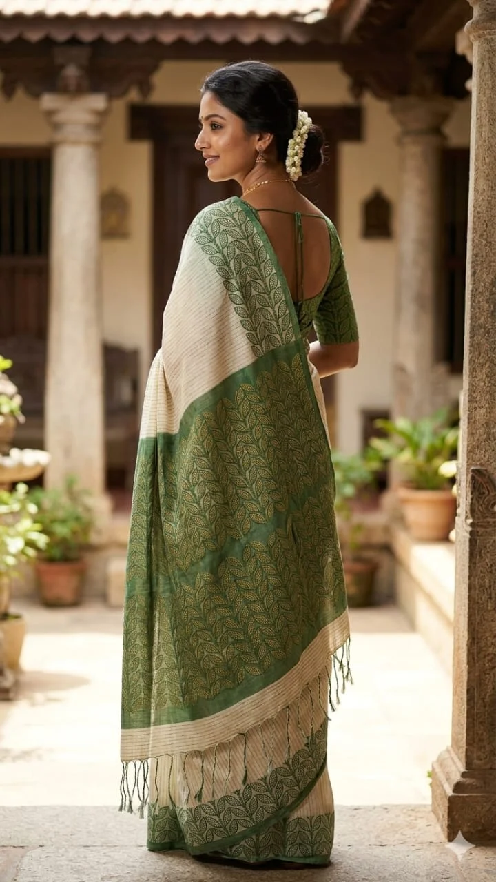 Slab cotton saree,
Cream+green colour combination Saree 
Perfect sarees for this summer season