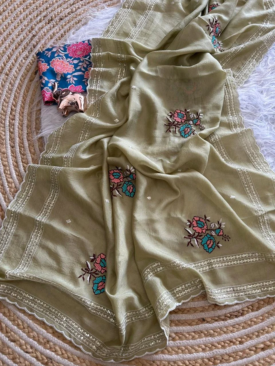 Pastel Soft Silk Blend Sarees with Scalloped Embroidered Border 7