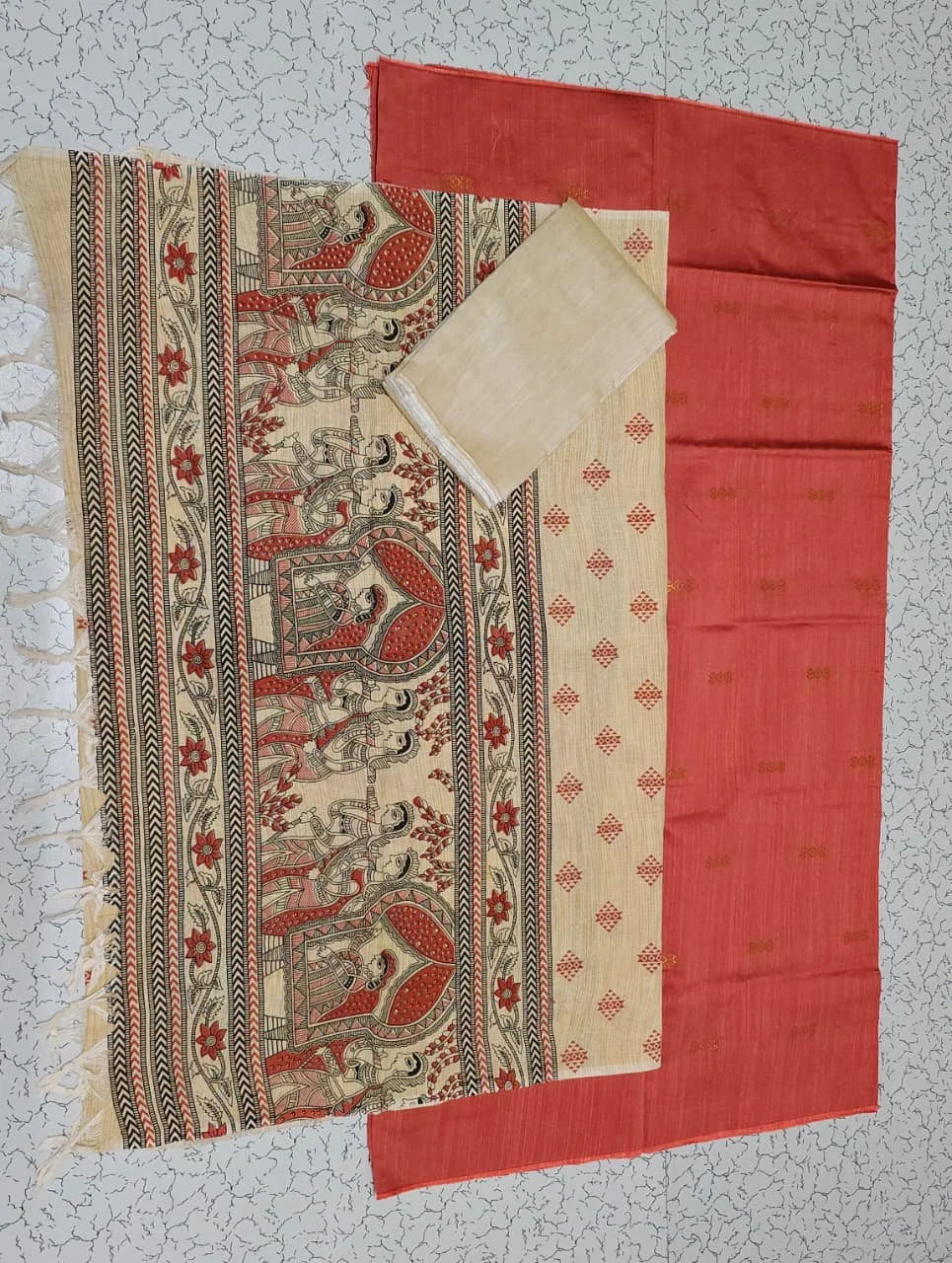 Olive Green and Cream Kalamkari Print Unstitched Dress Material thumbnail 2